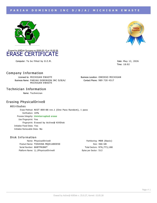 KillDisk Certificate of Destruction - Michigan eWaste - Redacted Example